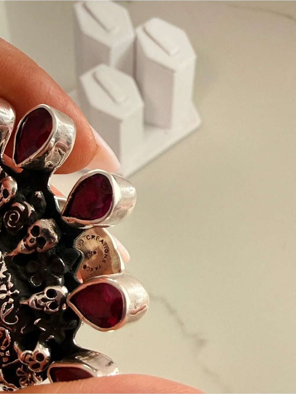 Silver Statement Skull Ring with Ruby Teardrop Accents